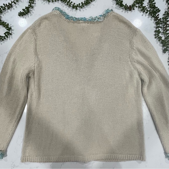 Coldwater Creek Ivory Cardigan Sweater with Blue Floral Ruffle Trim - Picture 4 of 10